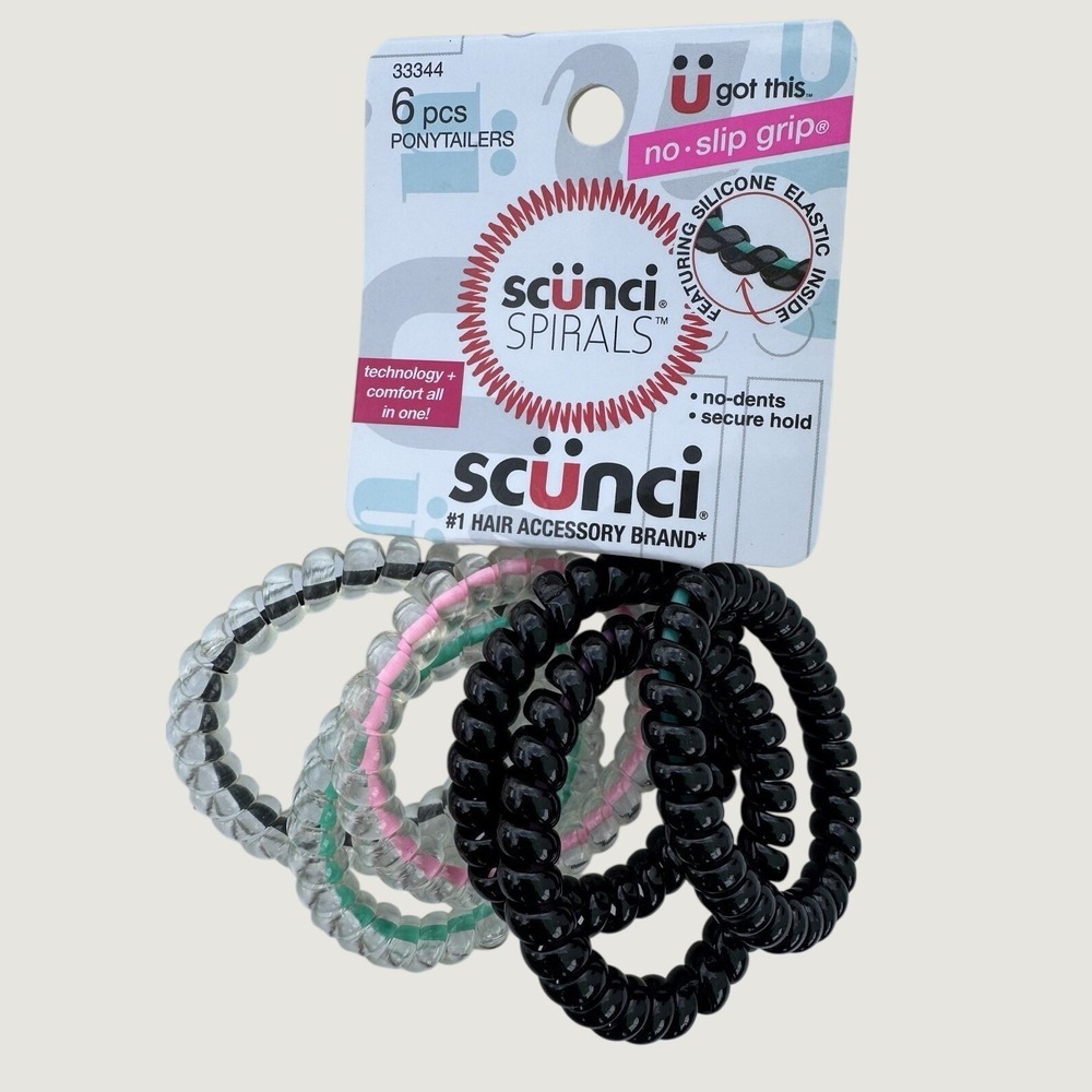 Scunci Spirals No Slip Grip Coil Hair Ties Ponytailers 6 Pack Black Clear